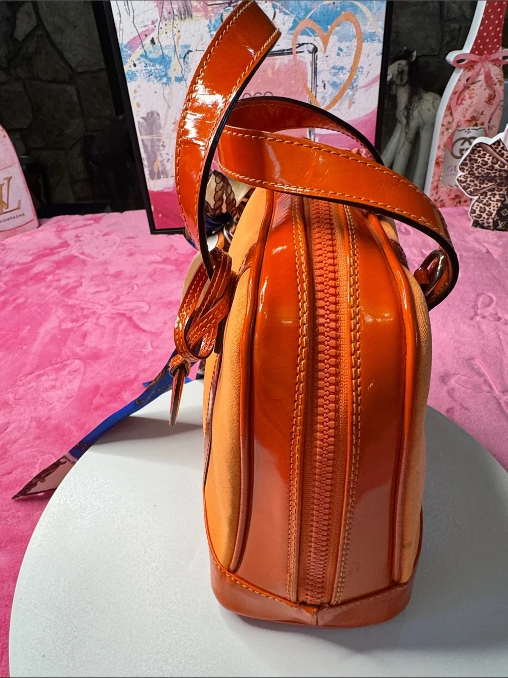 Gucci Coral Canvas & Orange Patent Leather TopZip Satchel/Crossbody Bamboo Pulls